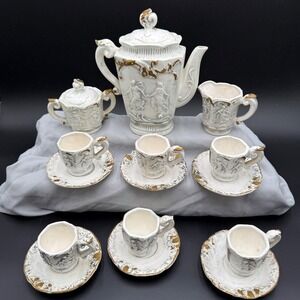 Vintage Royal Sealy Tea Set 17 pc White Gold Relief Classical Figures 15 Pieces